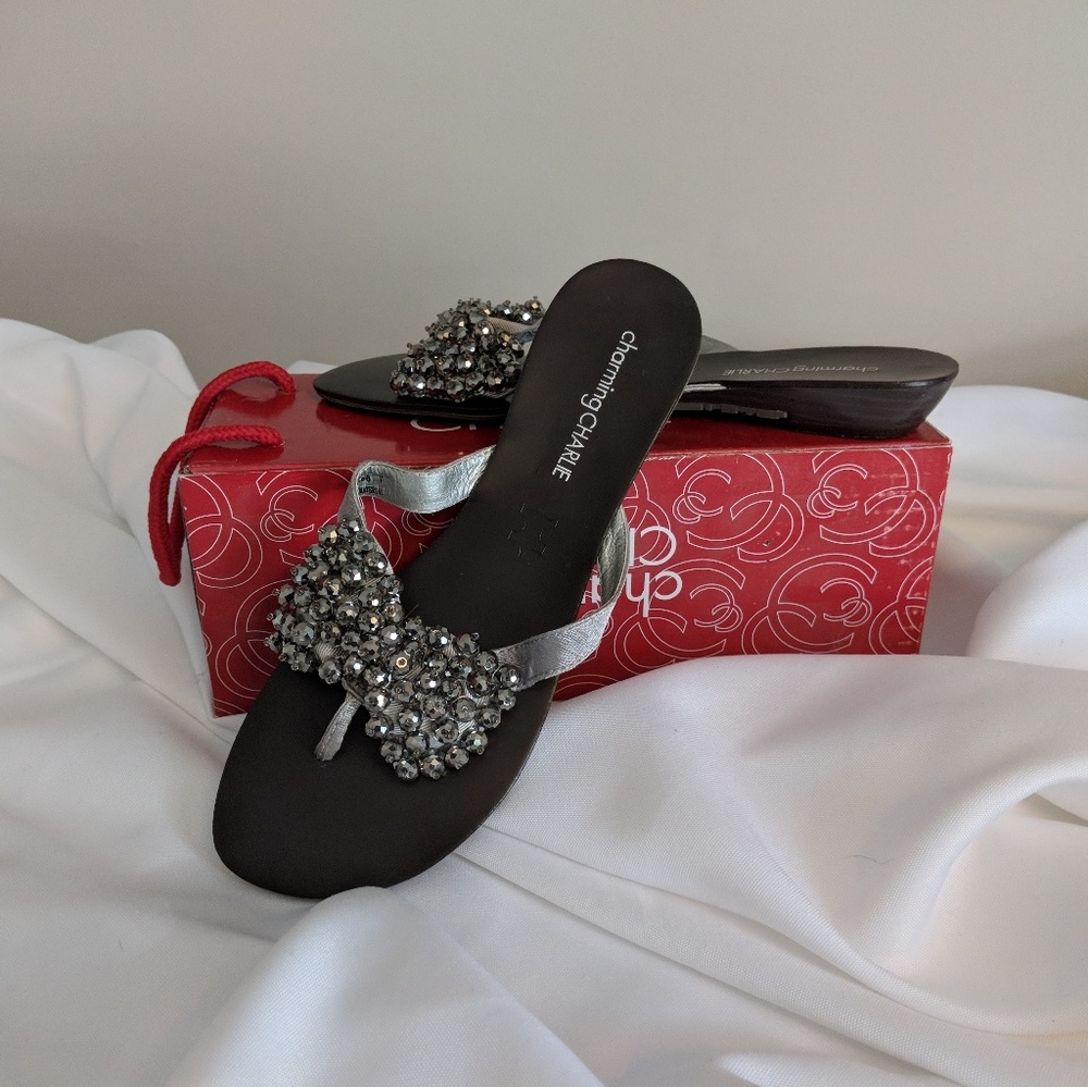 Silver Beaded Satin Slide Sandals Size 7